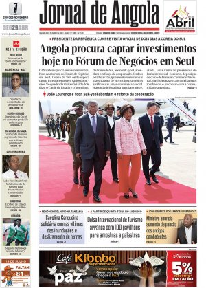 Capa do Jornal de Angola, Segunda, 29 de Abril de 2024