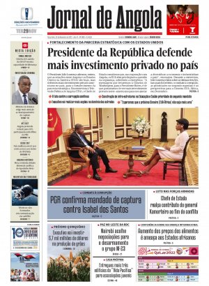 Capa do Jornal de Angola, Terça, 29 de Novembro de 2022