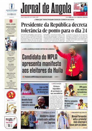 Capa do Jornal de Angola, Sábado, 13 de Agosto de 2022