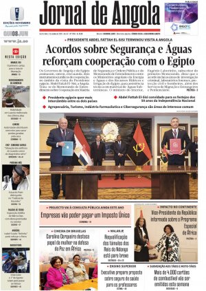 Capa do Jornal de Angola, Quinta, 08 de Junho de 2023